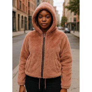 Lucky Brand L Womens Pink Faux Fur Hooded Jacket Rose Gold Zip Plush Cozy Warm